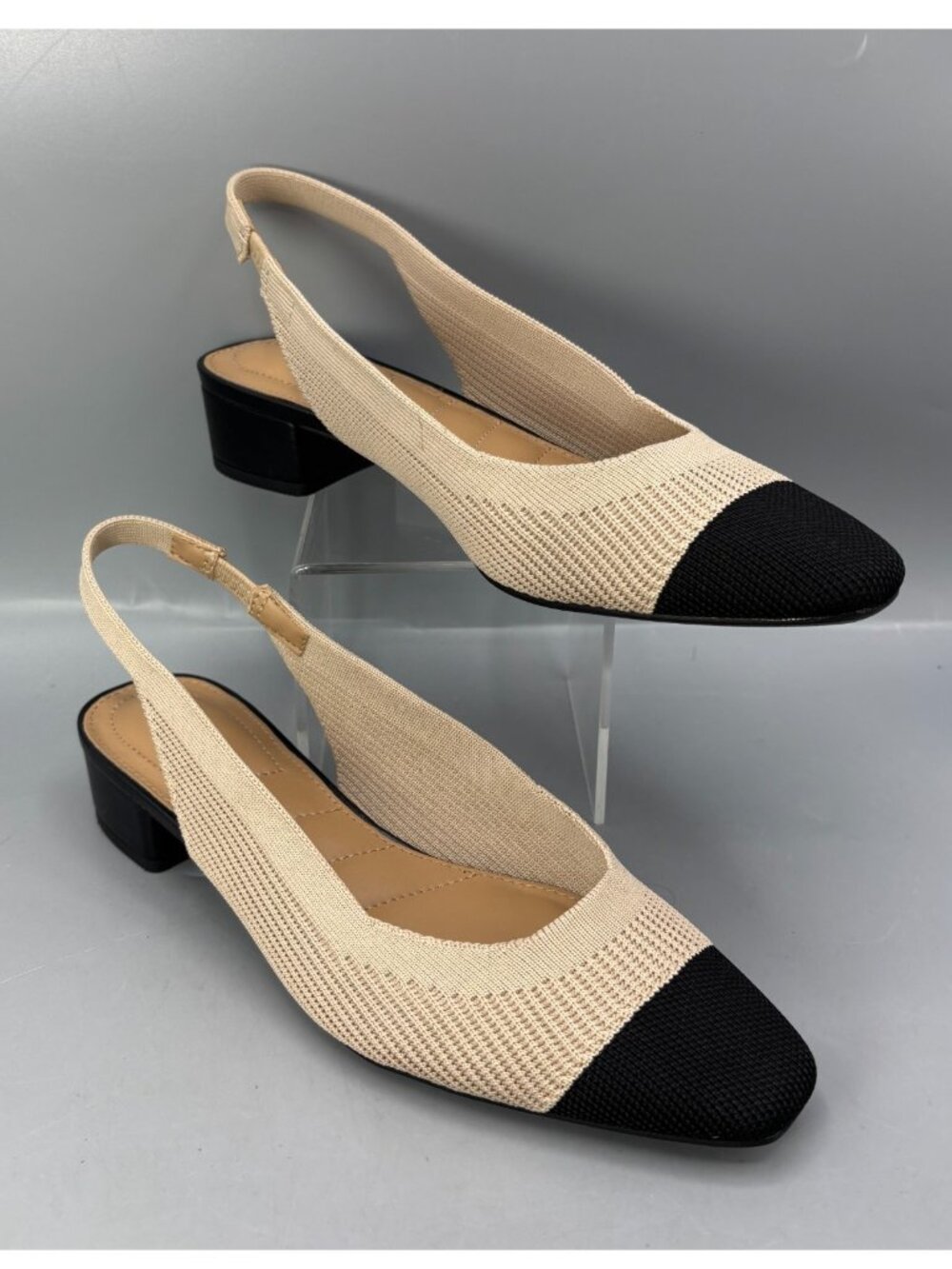 Kelly & Katie Veda Pump Shoes Womens 8.5 Tan Black Knitted Block Heel Slingback